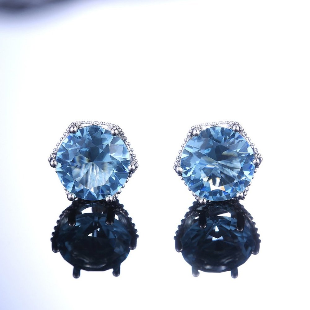 NEW 4CT Silver Round Aquamarine Stud Earrings - Picture 5 of 6